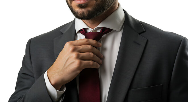 Man adjusting tie