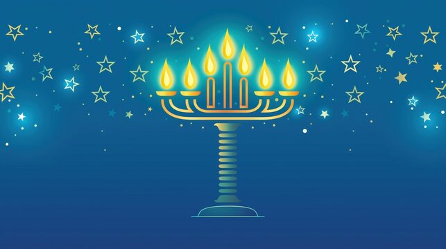 A colorful menorah with lit candles against a blue background filled with stars. Represents Hanukkah celebrations and Jewish traditions.