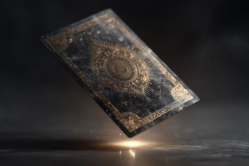 Fototapeta premium Tarot card floating with ornate gold pattern and mystical glow on dark background
