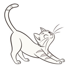 Cartoon Style Cat Stretching and Yawning Line Art Vector Illustration