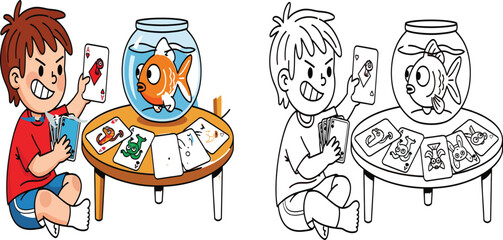 Boy Playing Cards with a Goldfish in a Bowl - Fun Kids Game Cartoon Vector!