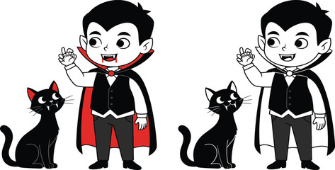 Cute Vampire Boy with Black Cat, Ready for Halloween or Spooky Fun.