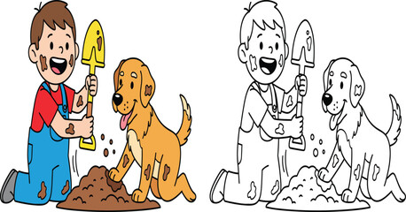 Happy Boy and Dog Covered in Mud Digging Together, a Playful Outdoor Adventure.