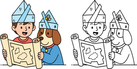Happy Boy and Dog as Pirates with Treasure Map, Ready for an Imaginative Adventure.
