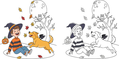Happy Boy and Dog in Halloween Costumes Under Full Moon, Autumnal Celebration.