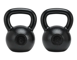 Two black cast iron weights with handles for strength training, side-by-side