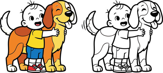 Happy Child Hugging a Smiling Dog - Adorable Friendship Cartoon Vector Illustration!