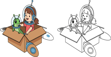 Happy Girl and Alien Friend in Cardboard Spaceship, Imaginative Space Adventure.