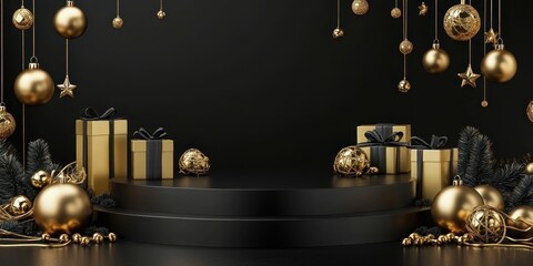 A black background with gold decorations and a gold podium