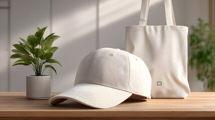 White tshirt cap and tote bag mockup display
