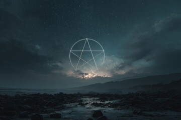 Pentagram symbol floating under a starry night sky with clouds over a rocky shoreline