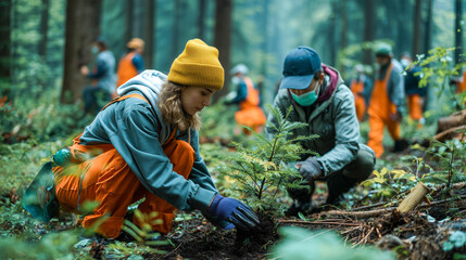 Volunteers planting a tree in the forest for environmental conservation