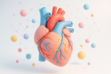Anatomical Heart Display: A vividly detailed 3D rendering of the human heart, showcasing intricate features of the organ, complemented by molecular structures.