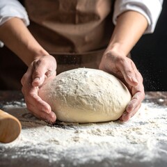 Obraz premium Close-up of hands kneading dough on a floured surface with rolling pin. Focus on preparation
