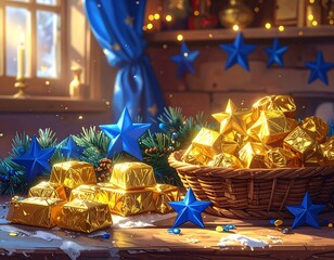 Festive scene with star decorations and wrapped golden gifts