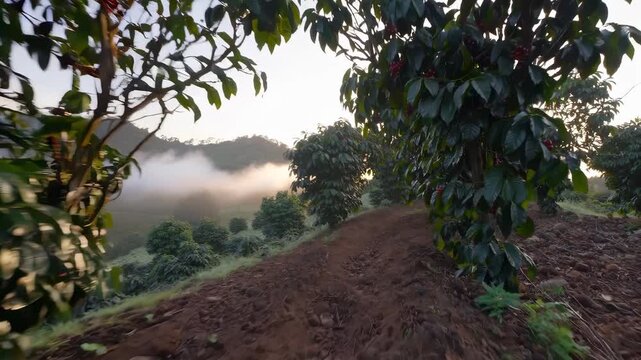 Coffee plantation path between bush. Dirt track leads through crop rows at sunrise. Farm and agriculture landscape ready for harvest. Sunlight filters through foliage with warm tone. Mist rising.