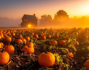 Field of pumpkins with a foggy sunrise and a spooky house