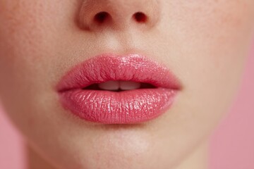 Fototapeta premium Woman's lips wearing glossy pink lipstick, emphasizing beauty and cosmetics