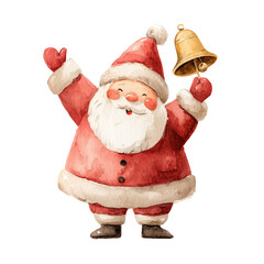 Santa Claus joyfully ringing a bell in a cheerful winter scene painted with watercolors