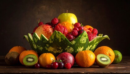 A vibrant still life arrangement of fresh fruits in a decorative bowl, showcasing a variety of colors and textures.