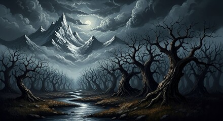 Dark Mystical Forest with Twisted Trees and Snowy Mountain Range Under Cloudy Night Sky