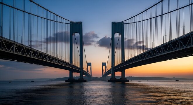 Suspension Bridge Over Water at Sunset with Dramatic Sky and Calm Sea - Powered by Adobe