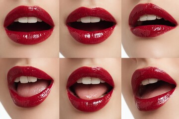 Obraz premium Close-up collage showing female red lips with glossy lipstick in different expressions