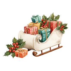 Christmas sleigh filled with colorful presents and festive greenery in a cheerful watercolor style