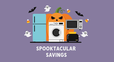 Halloween appliance sales graphic with a spooky pumpkin ghosts and bats Perfect for Spooktacular Savings promotions