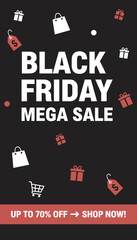 Black Friday mega sale banner offering up to 70 off Shopping gifts and savings