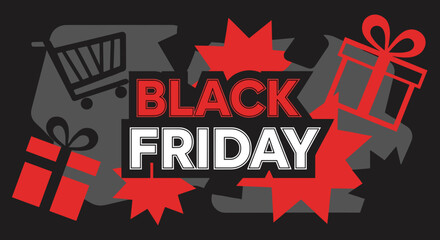 Bold Black Friday sale graphic with gift boxes and shopping cart symbols