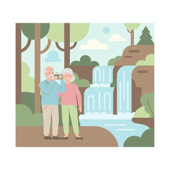 Happy senior couple exploring a waterfall in the forest capturing memories with a camera