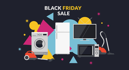 Black Friday Sale banner showing discounted home appliances electronics and consumer goods