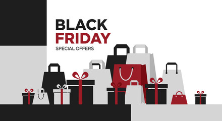 Black Friday Special Offers banner with shopping bags and gifts
