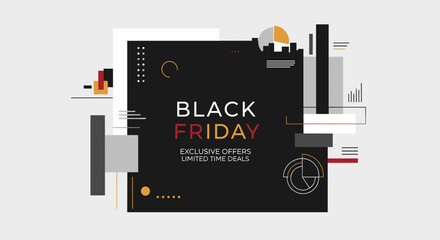 Black Friday sale banner with modern abstract geometric shapes and exclusive offers text