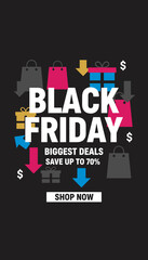 Black Friday sale banner with shopping bags gifts and dollar signs Save up to 70 on deals