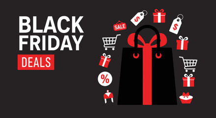 Black Friday Deals banner with shopping bag gifts and sale icons on a dark background