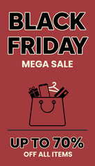 Black Friday Mega Sale banner with shopping bag gift smartphone credit cards Up to 70 off