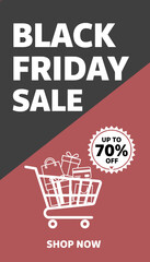 Black Friday Sale banner with shopping cart gifts credit card and 70 off discount