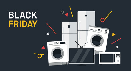 Black Friday sale banner with home appliances and electronics Big retail discounts and shopping deals