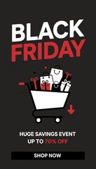Black Friday shopping cart filled with gifts and bags promoting huge savings event up to 70 off