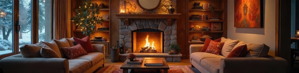 Cozy living room with a fireplace, plush sofa, and warm lighting, creating a relaxed and inviting atmosphere Perfect for autumn or winter home decor inspiration , interior, inviting