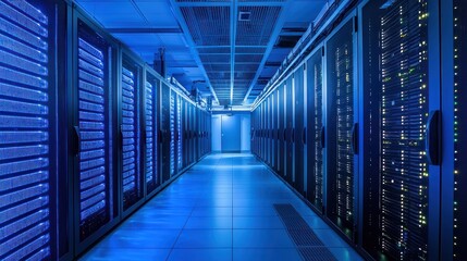 A server room with blue lights and servers lined up along the walls.