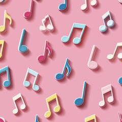 Colorful music notes floating on a pink background, creating a playful, seamless pattern
