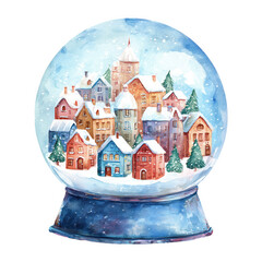 Winter village scene inside glass globe with colorful houses and snow covered trees in watercolor style