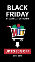 Black Friday sales with shopping cart full of bags and big discounts for commerce and retail