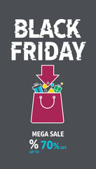 Black Friday Mega Sale with glitch text shopping bag and gifts Up to 70 off promotion