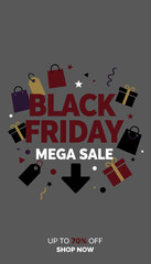 Black Friday Mega Sale graphic with shopping bags gifts and discounts Up to 70 off Shop now