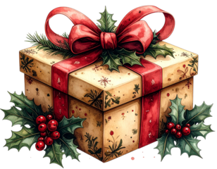 _A beautifully decorated, antique-style gift box adorned with lush holly, ribbons, and  (3)