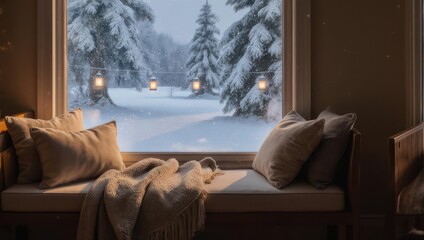 Cozy Winter Window Seat with Snowy Forest View.